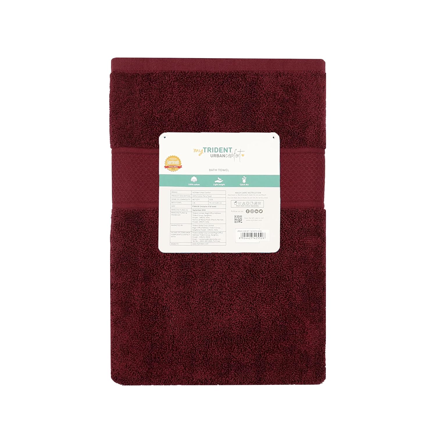 Trident 100% Cotton Bath Towels Large Size Soft & Absorbent 450 Gsm | Urban Comfort (Wine Red)
