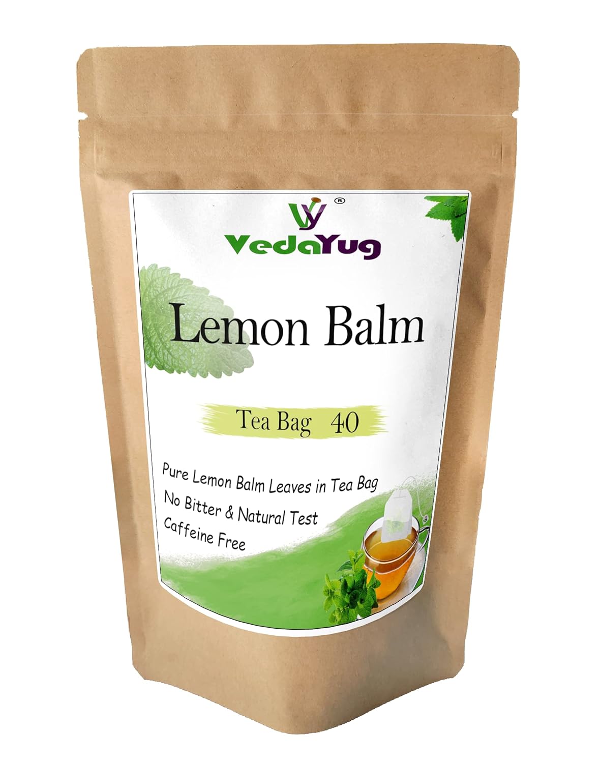 VedaYug Lemon Balm Herbal Tea - 40 Tea Bags, 52gm, 1.8 Ounce | Rich Flavor & Fragrance, Eco-Friendly Bag - Caffeine Free, No Additives
