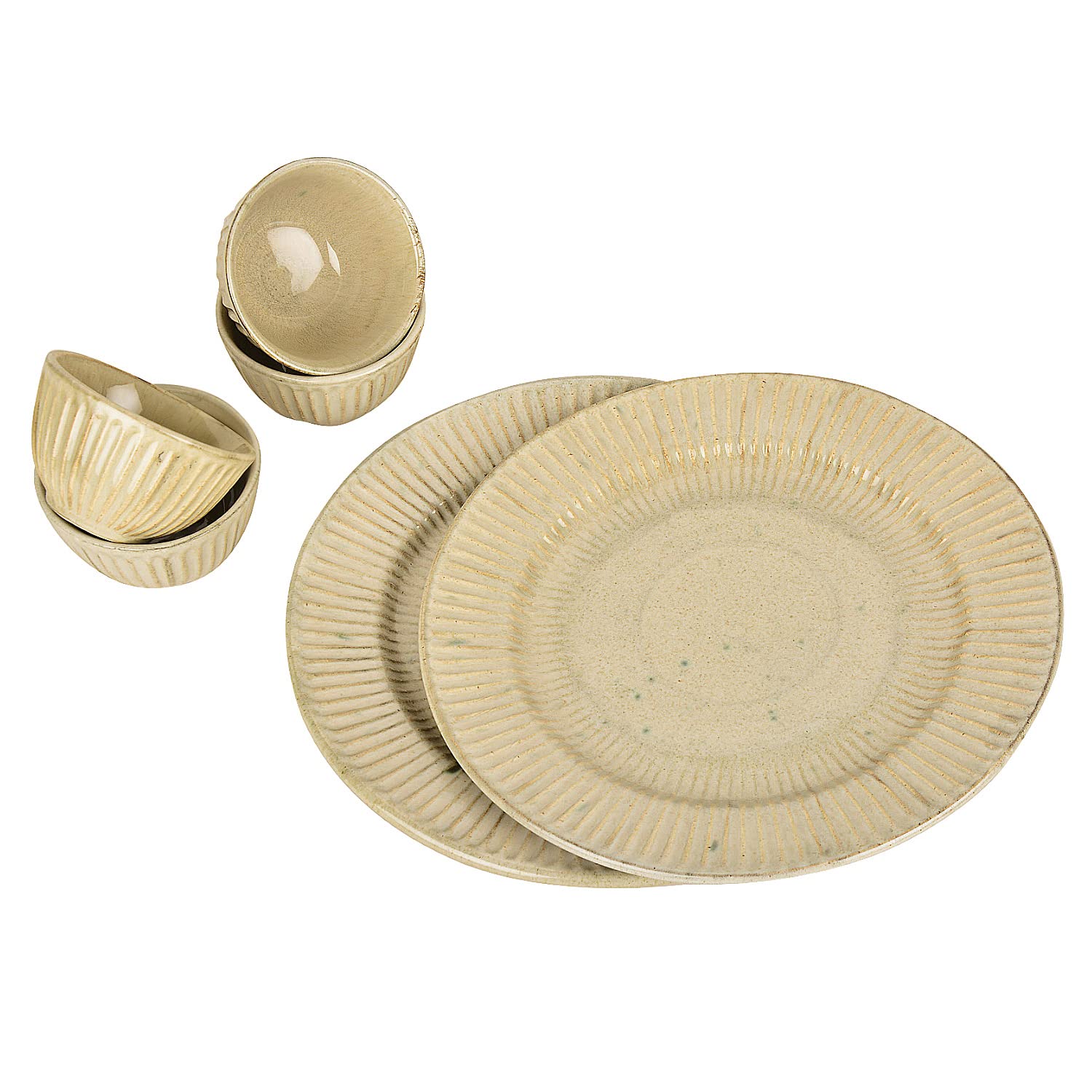 Ribbed Ceramic Dinner Serving 2 Plates With 4 Dinner Bowls Set Of 6 - Ivory, Plate Diameter: 10 Inches - Dazzling Riviera