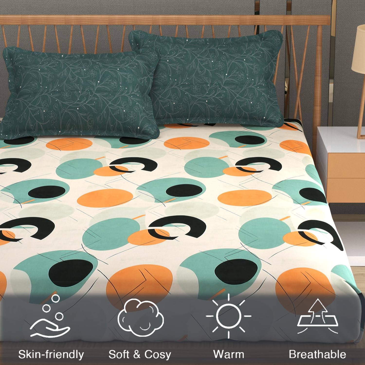 Printed King Size Bedsheet With 2 Pillow Cover - 108 X 108 Inches, Sea Green | Double Bed Breathable & Wrinkle Free | All-Season Comfort Bedsheet