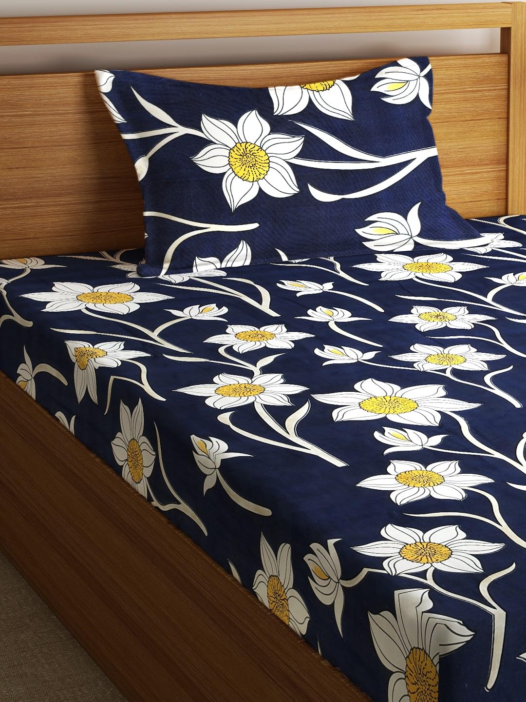 Single Bedsheet With 1 Pillow Cover - 55 X 86 Inches, Dark Blue | Normal Hand Wash Or Machine Wash | Breathable & Wrinkle Free