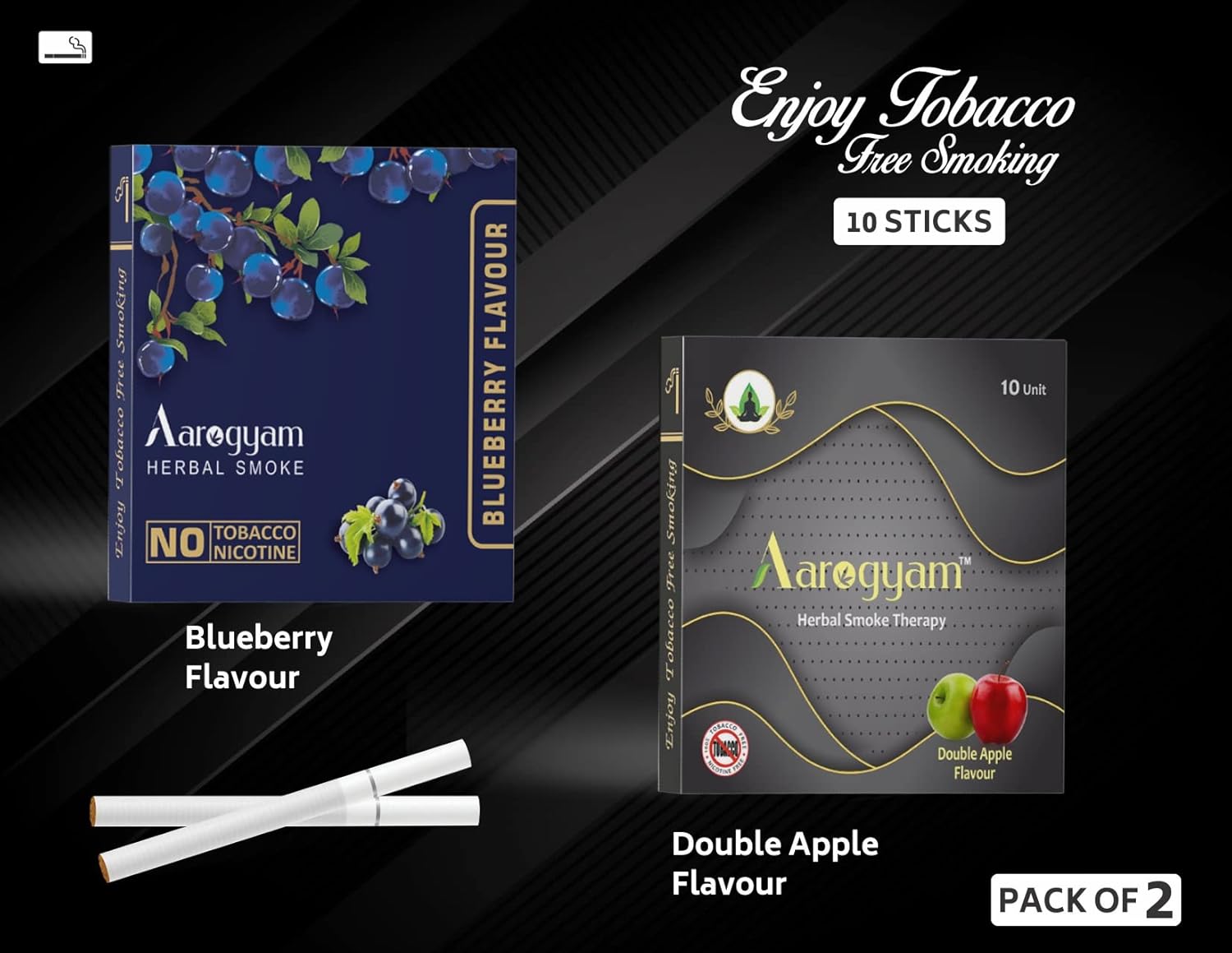 Aarogyam Herbals Pack Of 2 Flavours 100% Tobacco & Nicotine Free Cigarette For Relieve Stress & Mood Enhance Product Double Apple - Bluberry - 10 Sticks X 2 Packets