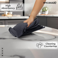 Encasa Xo Kitchen Dish Towels Set 320 Gsm | Waffle Weave & Flat Hand Tea Towel | Quick Drying Reusable Cotton Washcloths | Set Of 4 (Grey)