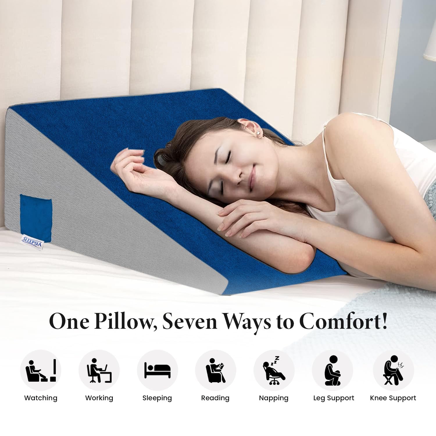 Wedge Memory Foam Pillow, Back Support Pillow For Bed, Acid Reflux, Grey & Blue | Snoring, Gerd, Leg Elevation, Pregnancy Support For Sitting & Sleeping | Wedge Cushion Pillow
