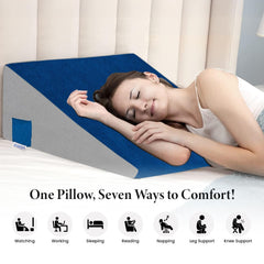 Wedge Memory Foam Pillow, Back Support Pillow For Bed, Acid Reflux, Grey & Blue | Snoring, Gerd, Leg Elevation, Pregnancy Support For Sitting & Sleeping | Wedge Cushion Pillow