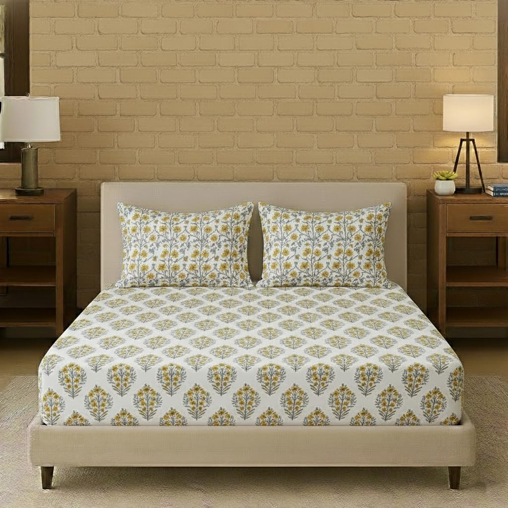 Twin Bed Size Elastic Fitted Bedsheet With 2 Pillow Covers - 42 X 78 Inches, White & Yellow | Best For Gifting, Housewarming, Anniversary, Friends Family