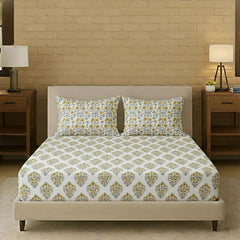 Twin Bed Size Elastic Fitted Bedsheet With 2 Pillow Covers - 42 X 78 Inches, White & Yellow | Best For Gifting, Housewarming, Anniversary, Friends Family