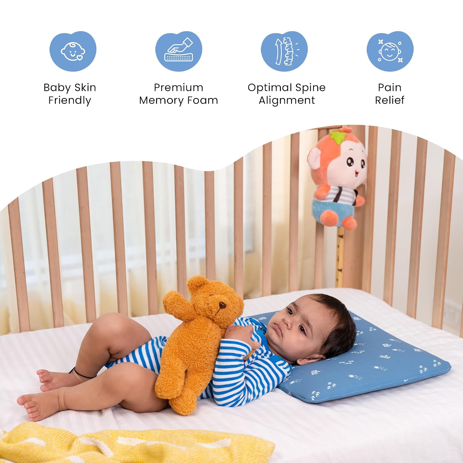 Memory Foam Pillow For Kids & Toddler, Size - 20.5 X 11.5 X 2.5 Inches | Baby Neck Support Pillow For Sleeping | Royal Star Pattern Baby Pillow, Blue, Kids Pillow Suitable For 1 Year & Above