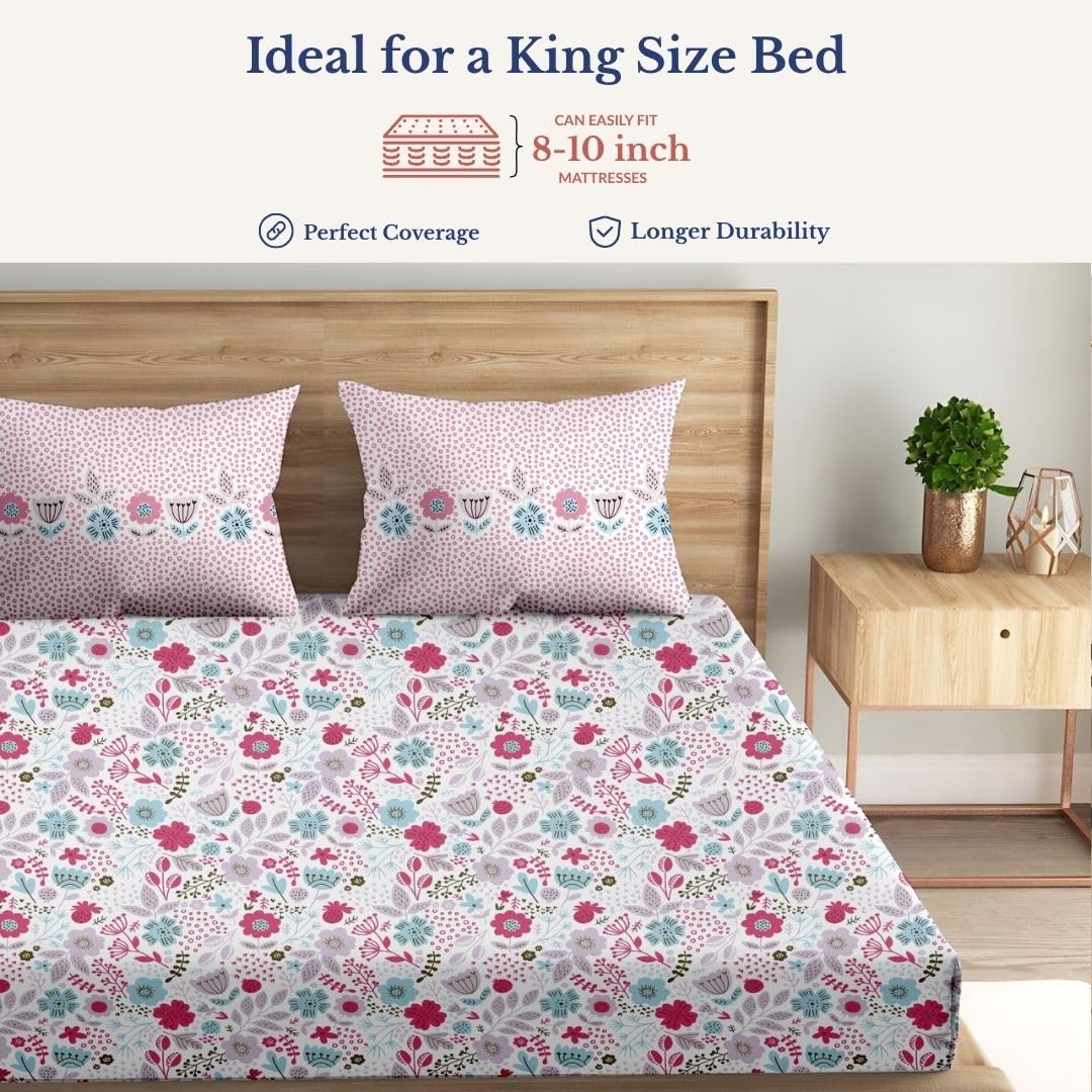 Super King Pure Cotton Bedsheet With 2 Pillow Covers | 108 × 108 Inches, Multicolor | Soft Breathable Floral Design Bedding | Comfortable Sleep All Year
