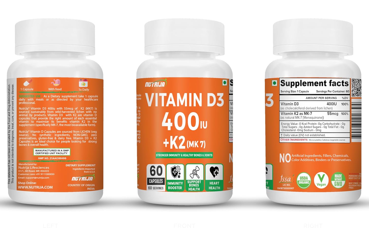 Nutrija Vitamin D3 + K2 As Mk7 Supplement , Plant Based Natural Vitamin D3 Supplement Sourced From Lichen - Stronger Immunity, Supports Bones, Joints & Heart Health | 60 Tablets , 100gm 0.2lbs