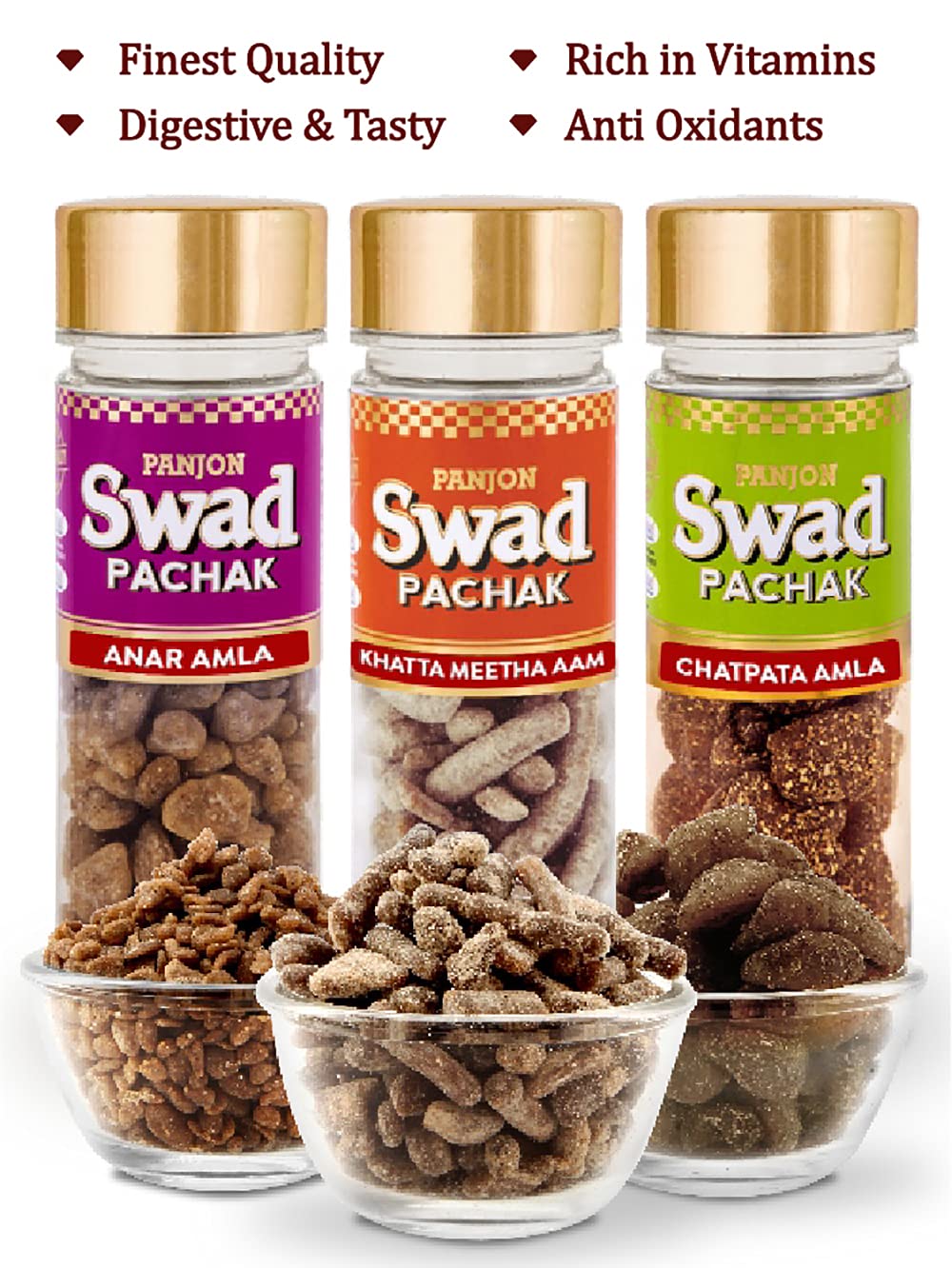 Panjon Swad Amla Anar, Chatpata Amla & Khatta Meetha Aam Papad Candy 365gm, 3 Bottles