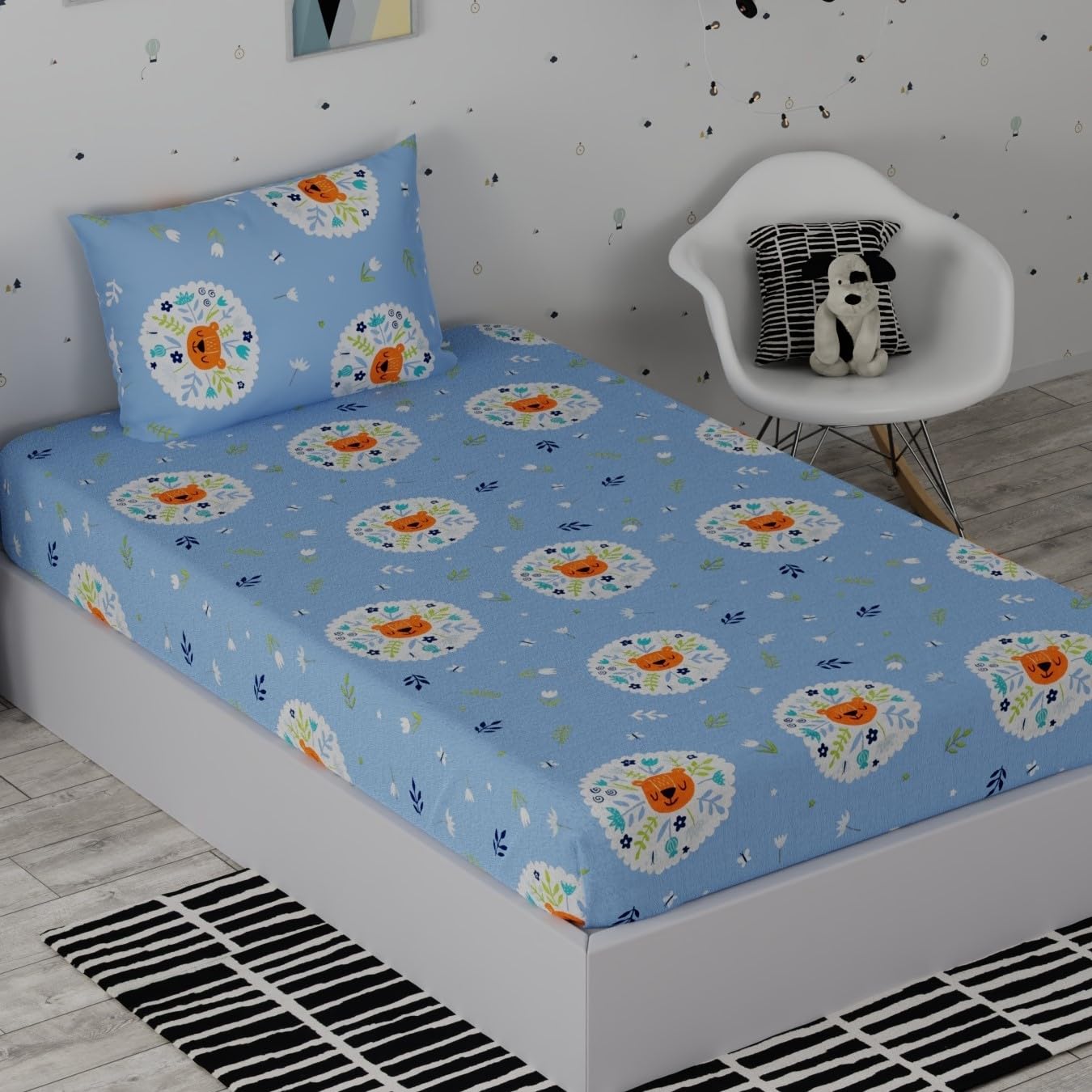 Kids Bedsheet For Single Bed Cotton With 1 Pillow Covers - 55 X 88 Inches, Blue & White | 210 TC Super Soft, Wrinkle Free & Long Lasting