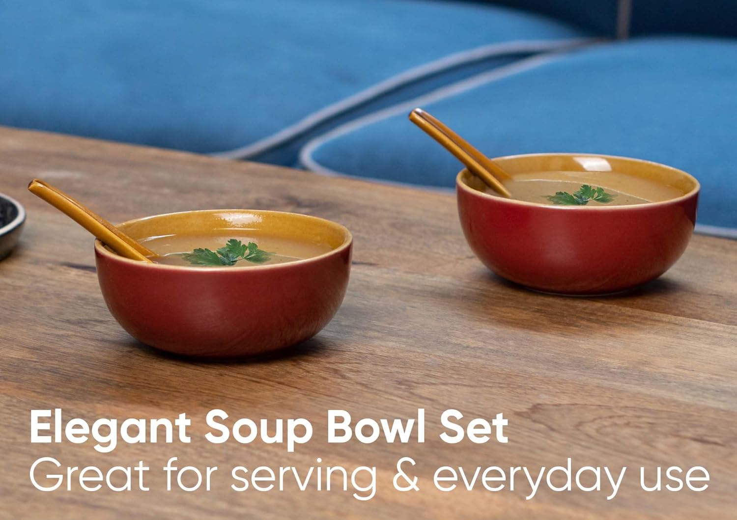 Ceramic Soup Bowl Set With Spoons - 300ml Each, Burgundy | 6 Pieces Soup Bowls + 6 Spoons | Glossy Finish - Premium Stoneware Ceramic Soup Bowls With Spoons | Soup Bowl Set Of 6