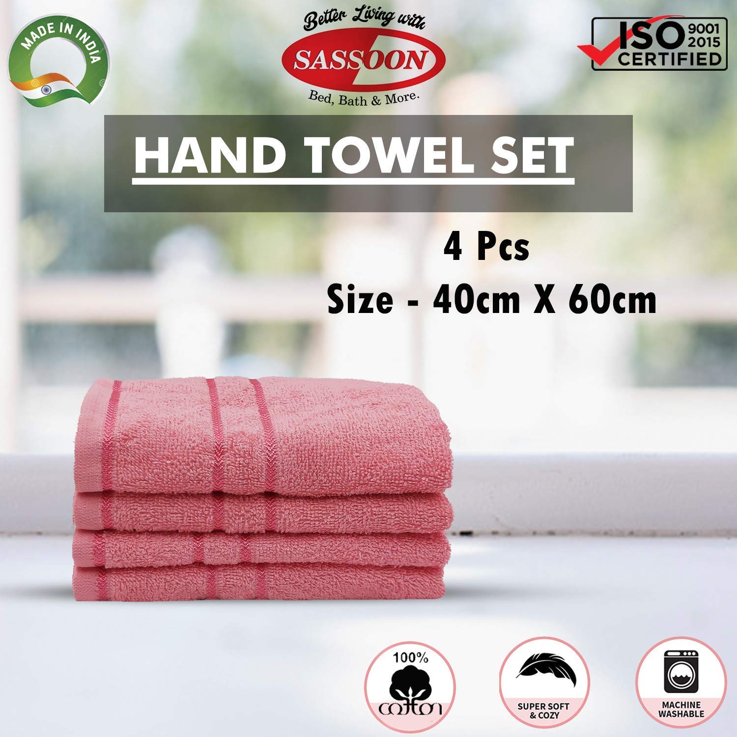Sassoon Melrose 100% Cotton Hand Towel 800 Gsm | Highly Absorbent, Soft Material Perfect For Daily Use (Blossom) -4 Piece