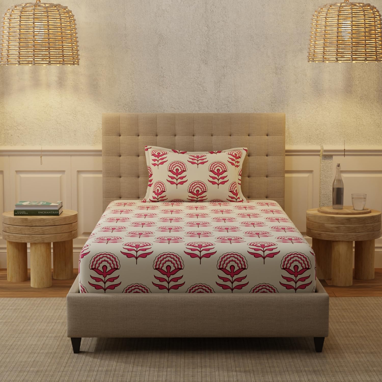 100% Cotton Bedsheet For Single Bed With 1 Pillow Cover, (Size 58 X 90 Inches) Beige & Red | Soft And Comfortable For All Season | 200 Thread Count