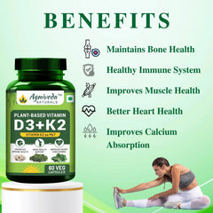 Agniveda Naturals Plant Based Vitamin D3 600 Iu + K2 As Mk7 Supplement | Supports Stronger Immunity & Bone & Heart, For Men And Women | 60 Veg Capsules , 100gm 0.2lbs