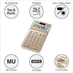 Casio Jw-200sc-gd Premium & Stylish Calculator (Gold) | 12 Digits Display, 2-way Powered | Tax Calculation, Currency Exchange Calculation, Grand Total, Percentage