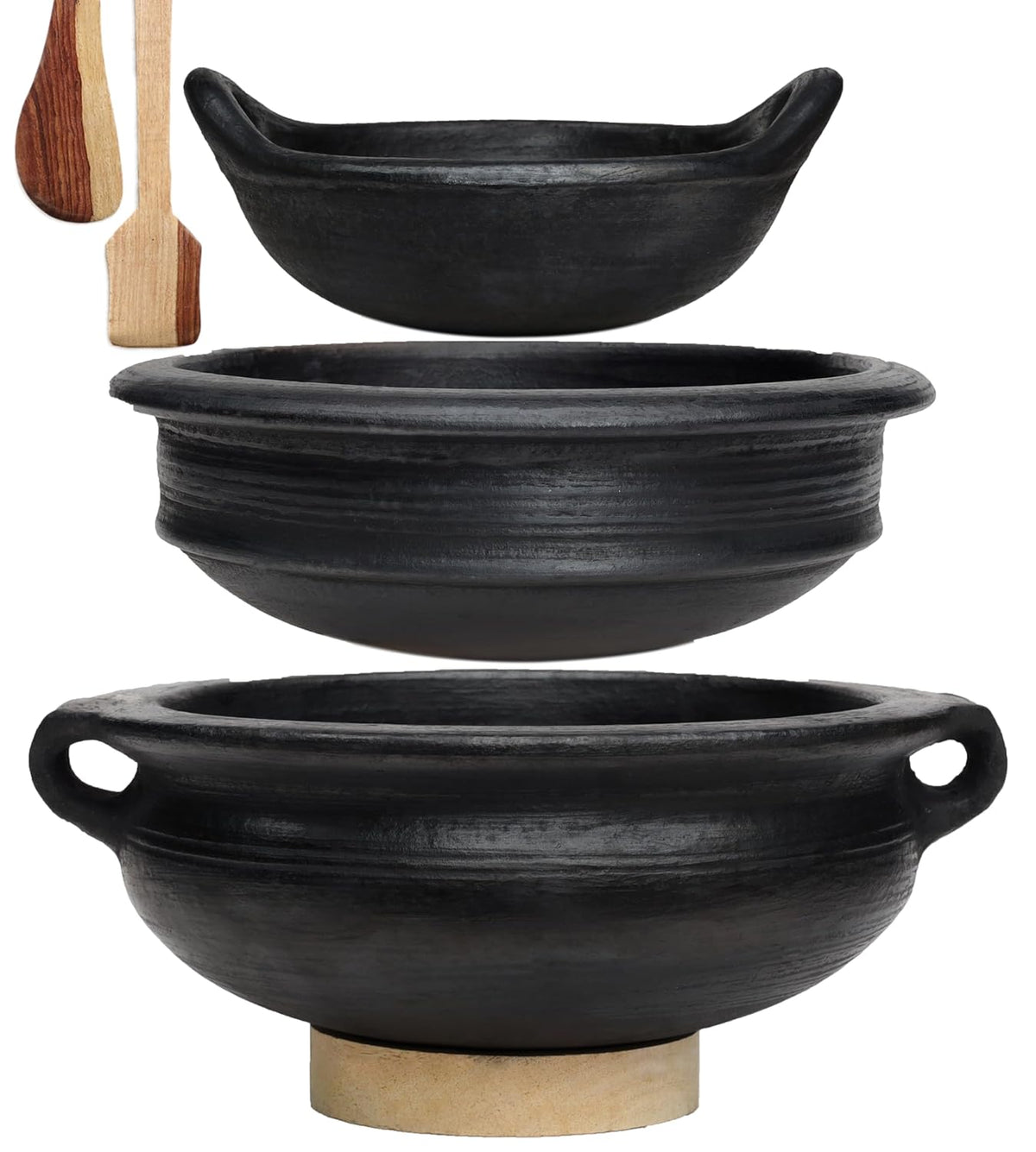 Deep Burned Uncoated Clay Pot + Kadai + Handi With Handle Combo With 2 Wooden Spatulas Complimentary Pack Of 3 - Black, 1+2+3 Liters | Pre-Seasoned Mud Pot - Unglazed, Double Fired, Hand Crafted