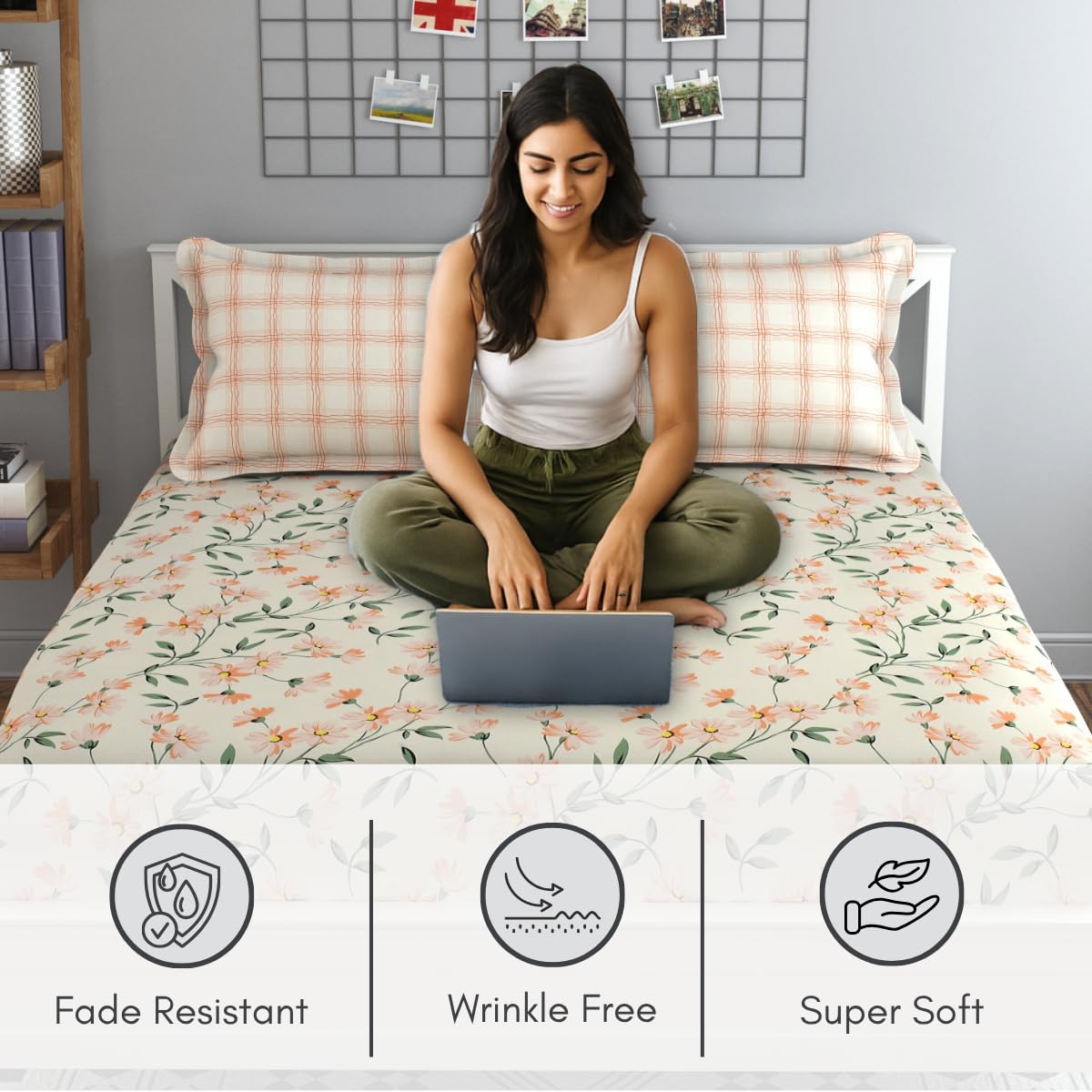 Bedsheet For Queen Size Bed With 2 Pillow Covers - 90 X 100 Inches, Cream & Green | Soft, Breathable, Wrinkle Free & Fade Resistant