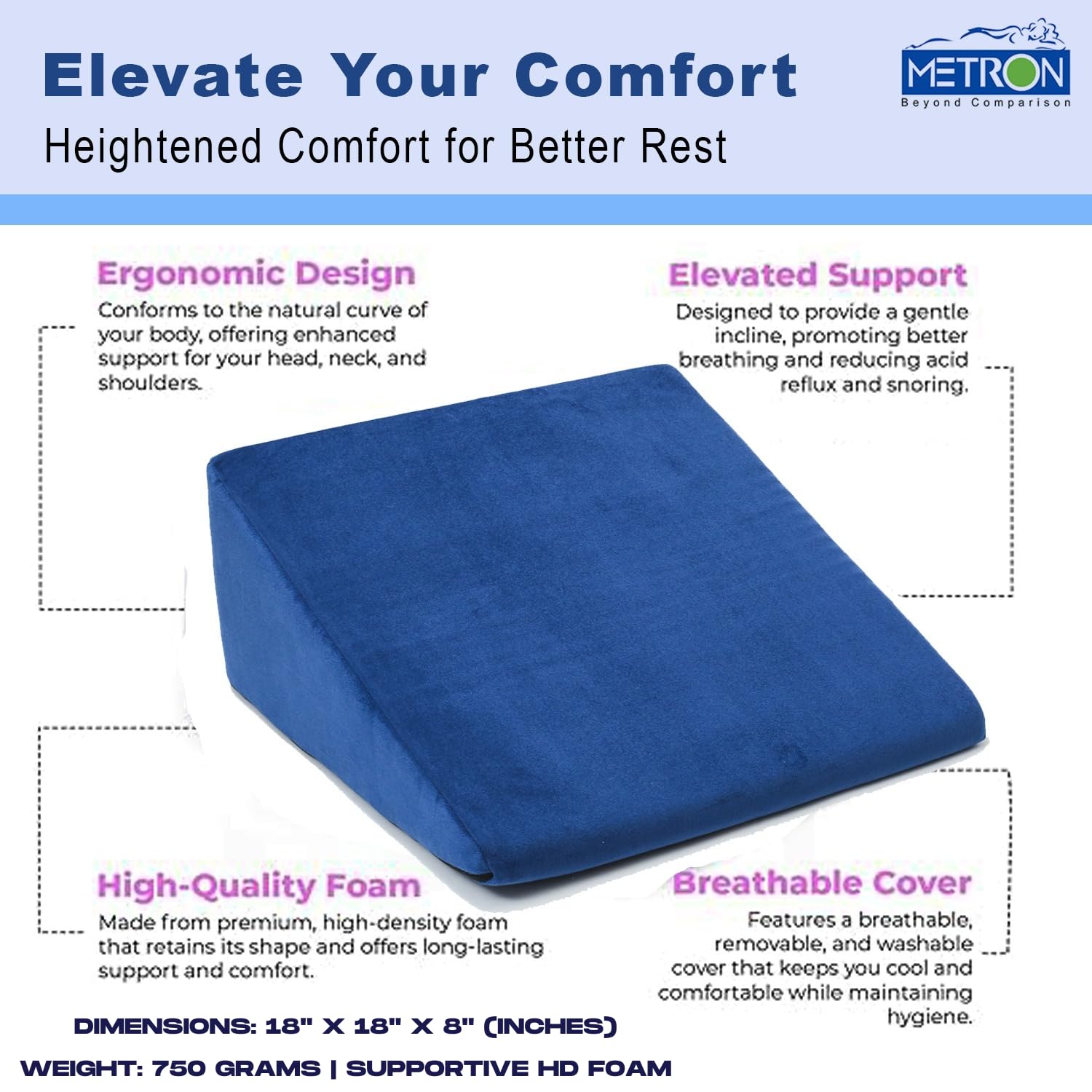 Bed Wedge Pillow, For Back Support, Blue, Medium Size - 18 X 18 X 8 Inches | For Acid Reflux, Gerd, Medical Grade Sponge - Easy To Clean, Removable Soft Fabric Cover, Multi-Purpose Uses