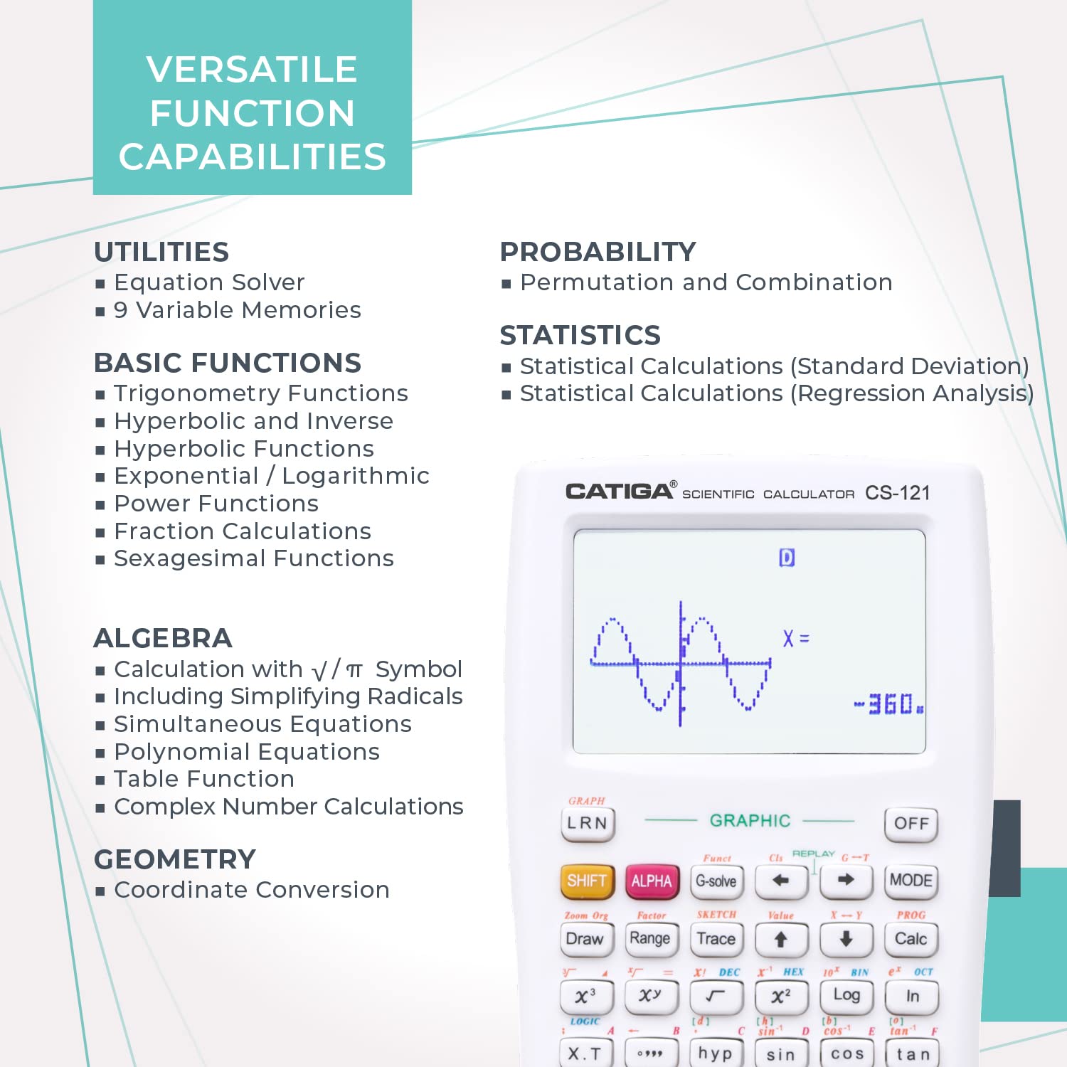 Catiga Programmable System /scientific Graphic Calculator Catiga CS121 - (White) | 280 Functions Fractions, Statistics, Complex Number Calculations, Linear Regression