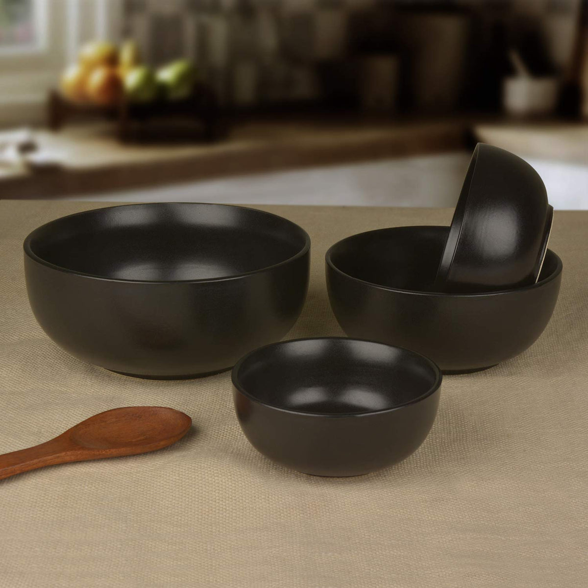 Studio Pottery Handcrafted Dinner Serving Bowl Set Of 4 - 1200ml, 650ml, 450ml & 250ml, Black | Dinner Serving Donga Set - Stackable Kitchen Bowl Set