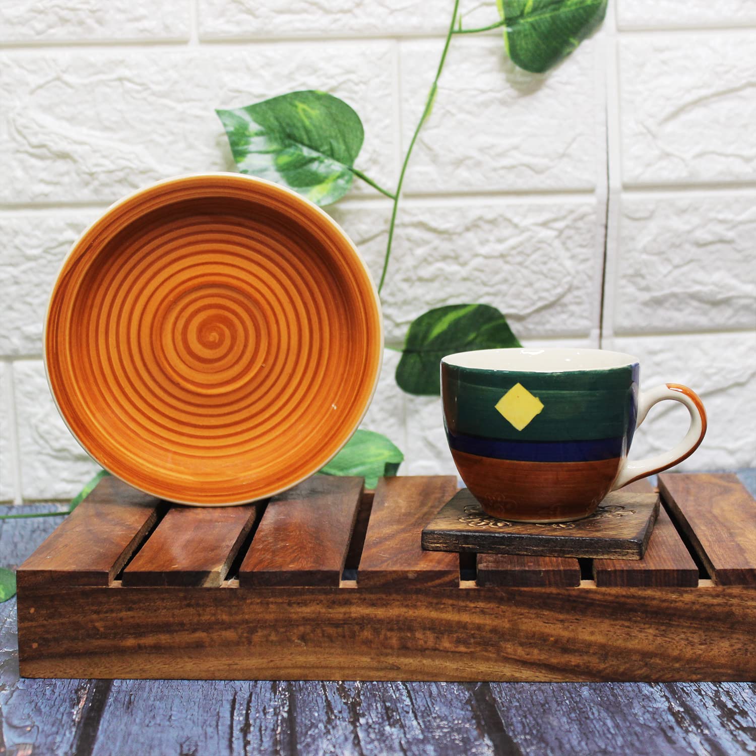Hand Painted Boho Fiesta Ceramic Cups & Saucers Set Of 6 | Tea Cup Set Of 6 Cups + 6 Saucers For Tea, Coffee, Hot Drinks - 12 Pieces, 150ml, Microwave Safe