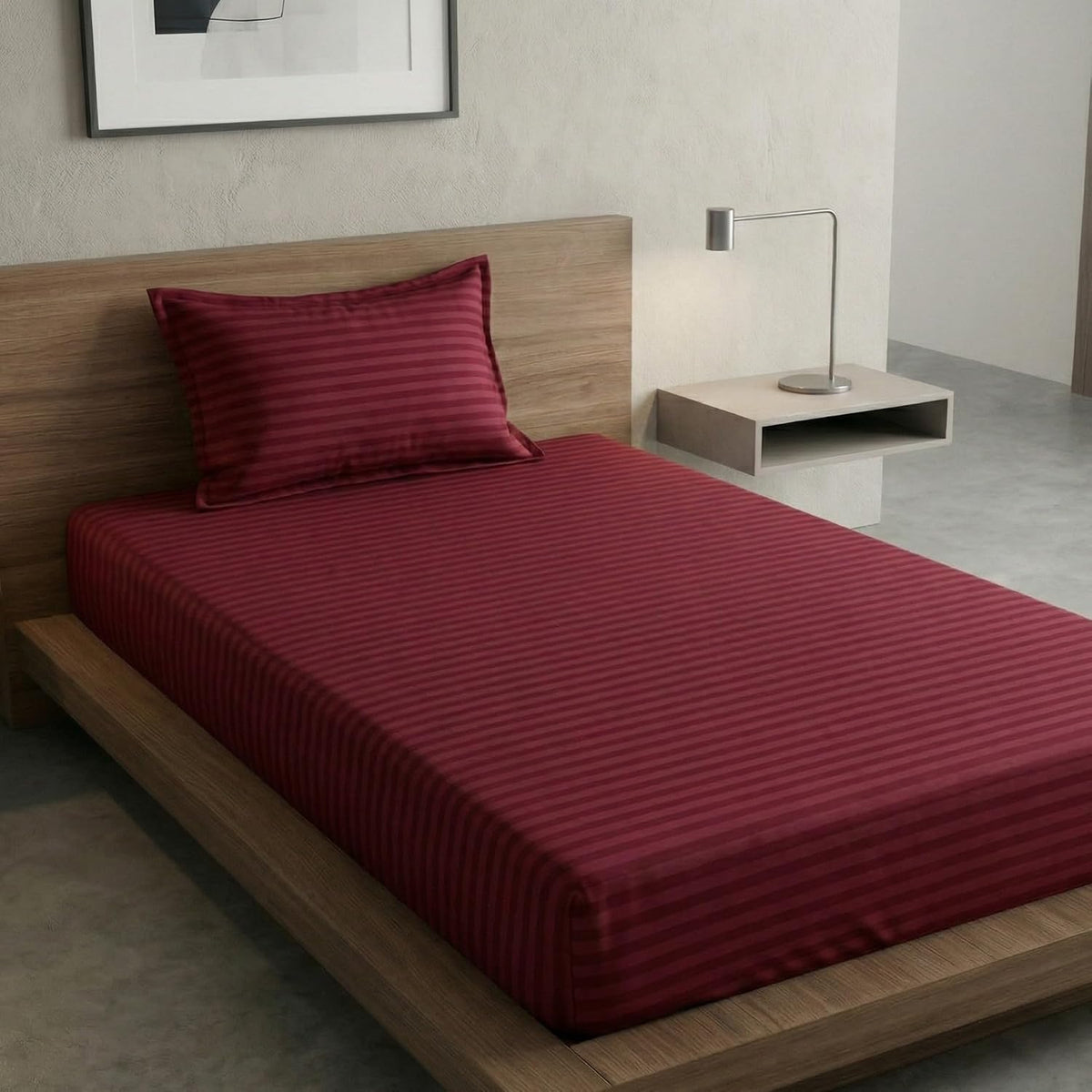 Cotton Maroon Striped Single Bedsheet With 1 Pillow Cover - 55 X 90 Inches | Long-Lasting Color Comfortable Fabric Bedsheet