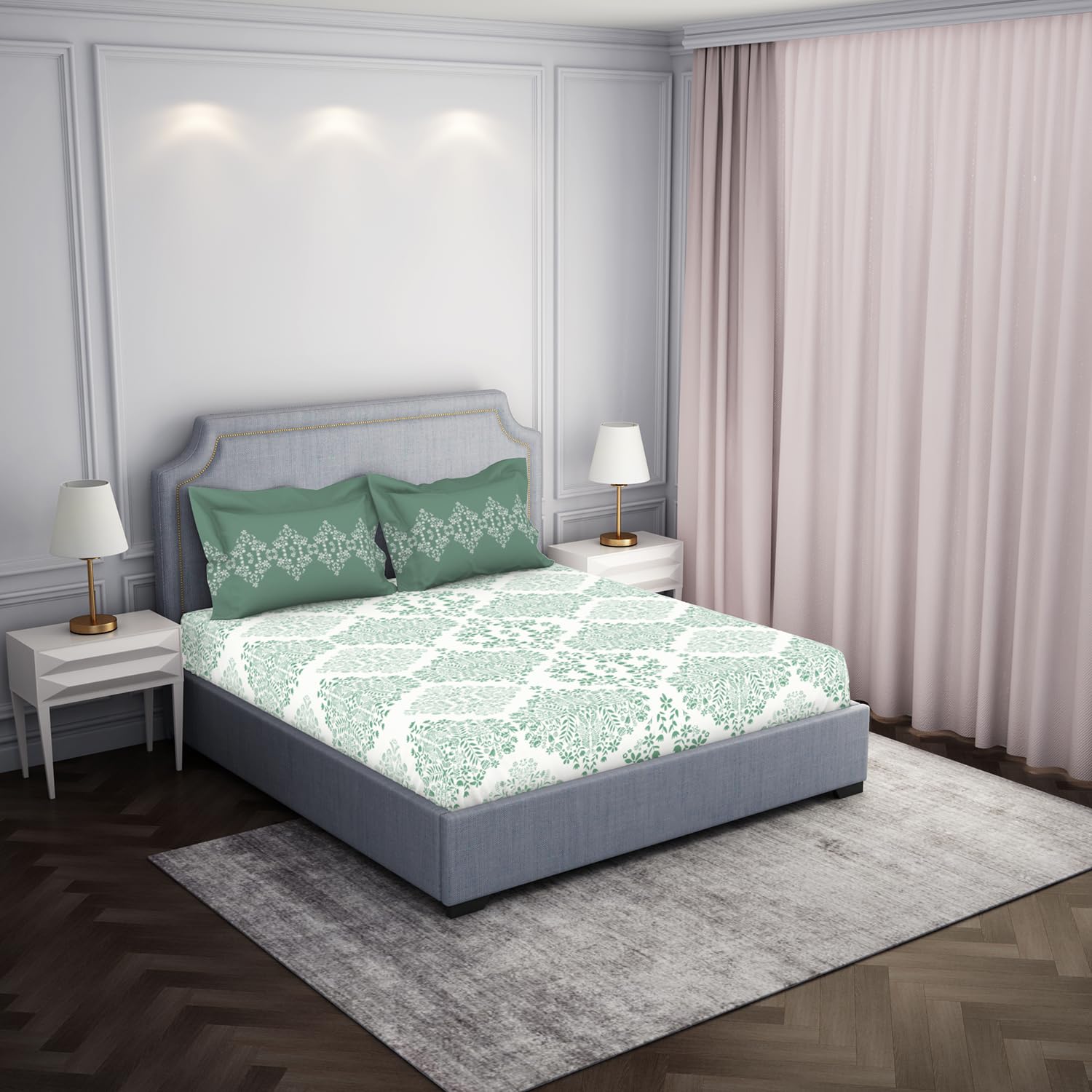 100% Cotton Bedsheet For Double Bed With 2 Pillow Cover - 88 X 100 Inches, Green & White | Breathable & Super Soft | All Seasons & Easy To Wash