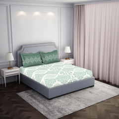 100% Cotton Bedsheet For Double Bed With 2 Pillow Cover - 88 X 100 Inches, Green & White | Breathable & Super Soft | All Seasons & Easy To Wash