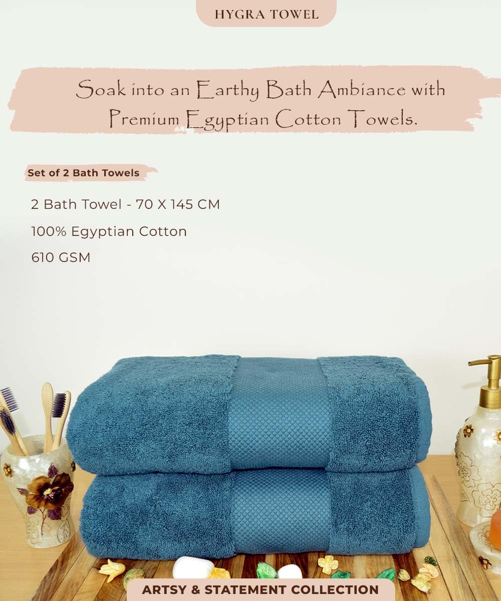 Rangoli Soft Absorbent Durable Towels Earthly Egyption Cotton Plush Luxurious Large Size Bath Towel 1000 Gsm (Turquoise Blue)- Pack Of 2