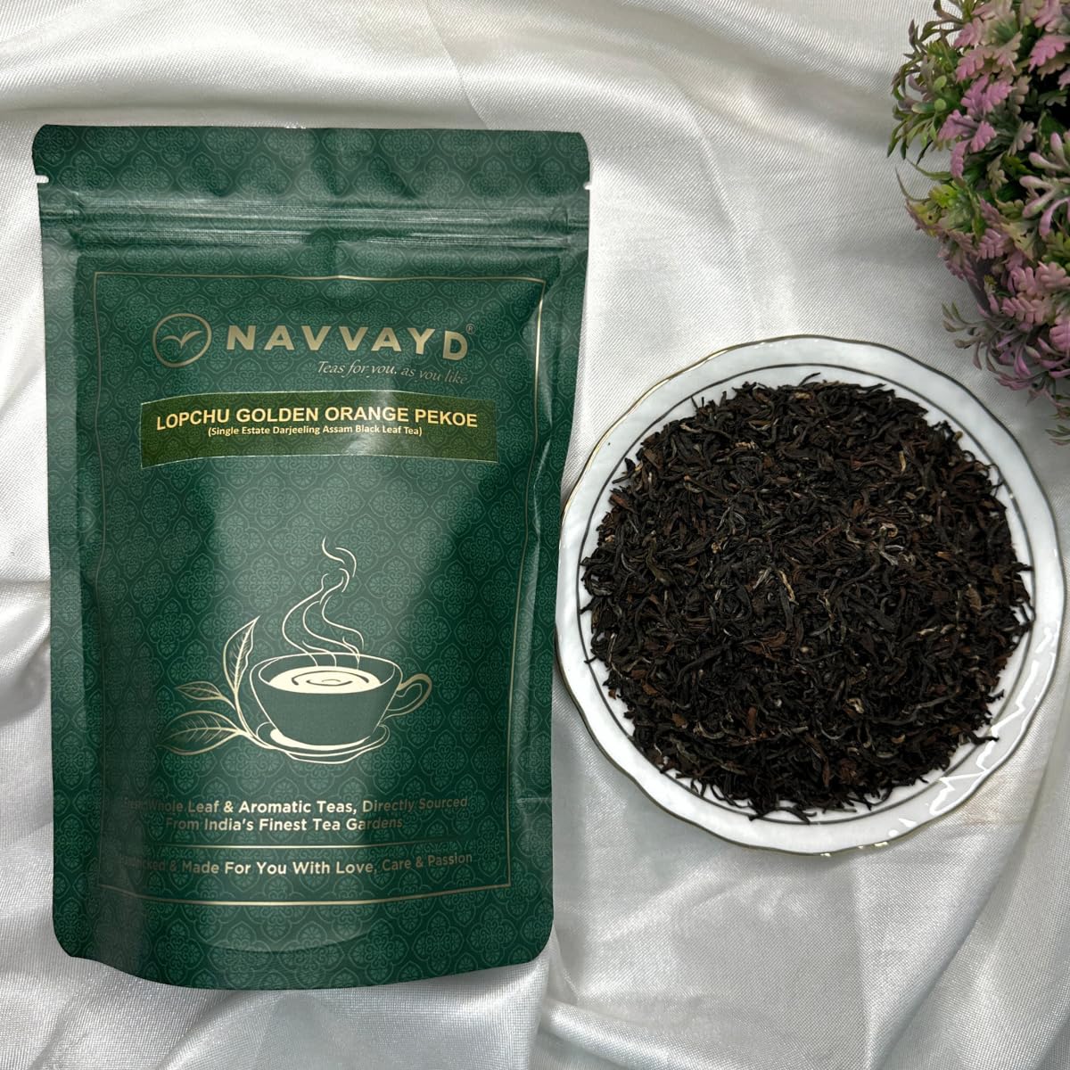 Navvayd Lopchu Golden Orange Pekoe Darjeeling Tea - 50gm, 1.7 Ounce, 25 Cups | Loose Leaf Tea With Real Musk Flavor & Smoky Taste - Low Caffeine Assam Black Tea
