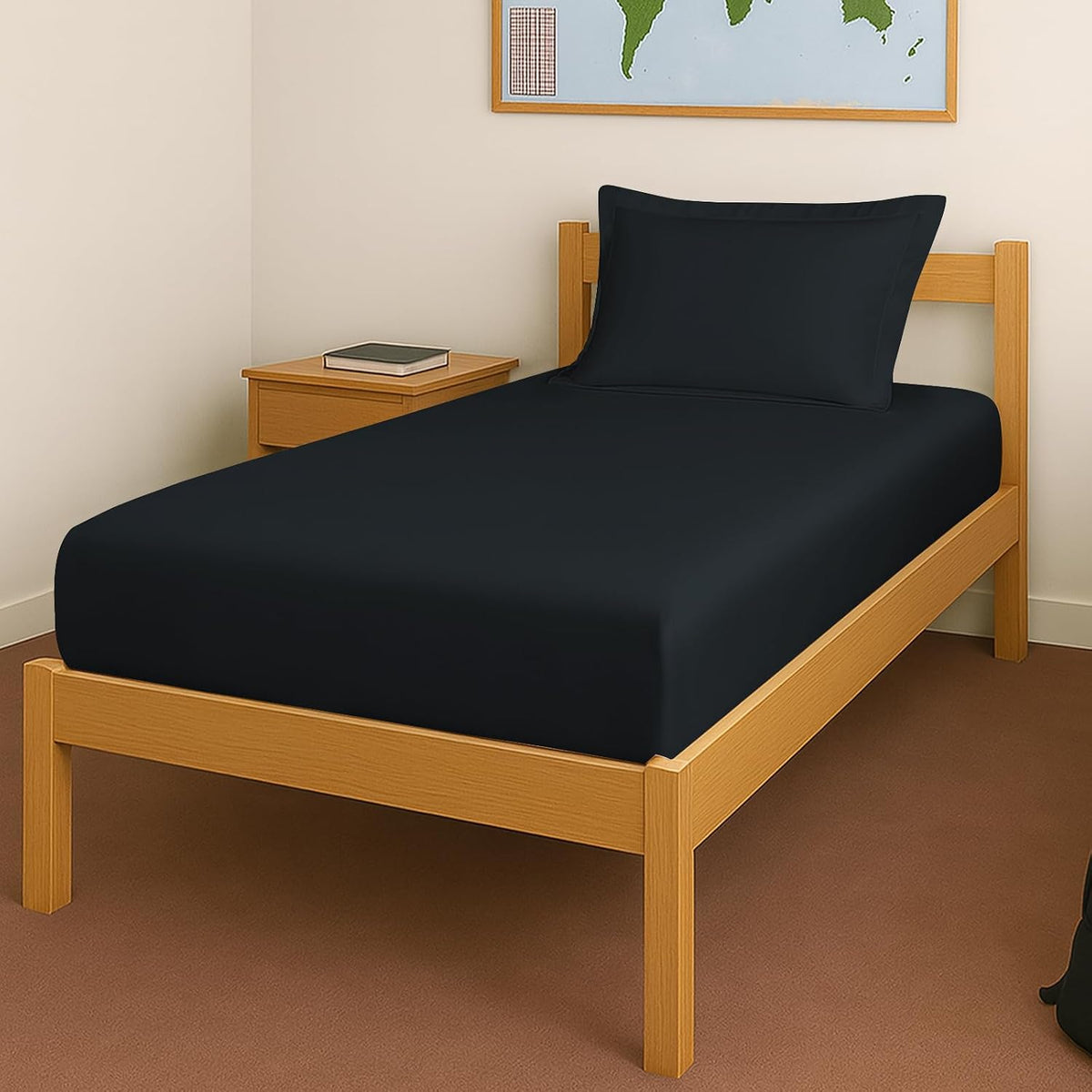 Elastic Fitted Bedsheets Single Bed With 1 Pillow Cover 40 X 78 Inches, Black | 400 Thread Count Long Staple Cotton Sateen