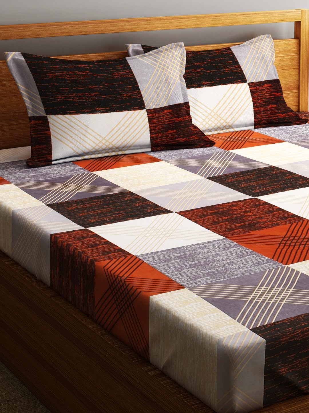 Microfiber Double Bedsheet With 2 Pillow Covers - 85 X 86 Inches, Grey & Rust Orange | Normal Hand Wash Or Machine Wash | 144 Thread Count