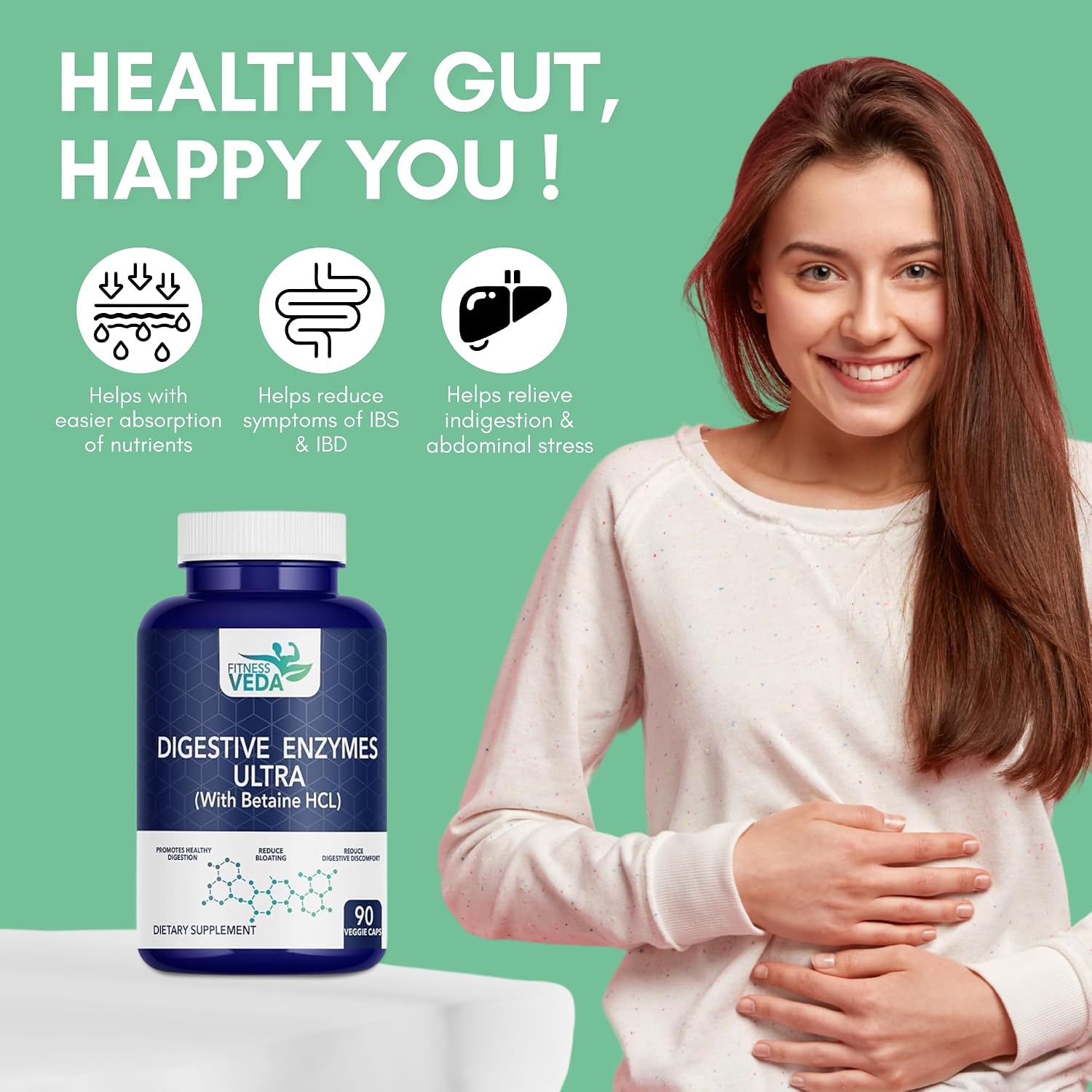 Fitness Veda Digestive Enzymes Ultra With Betaine Hcl - Full Spectrum Digestive Enzyme Supplement | 90 Capsules , 150gm 0.3lbs
