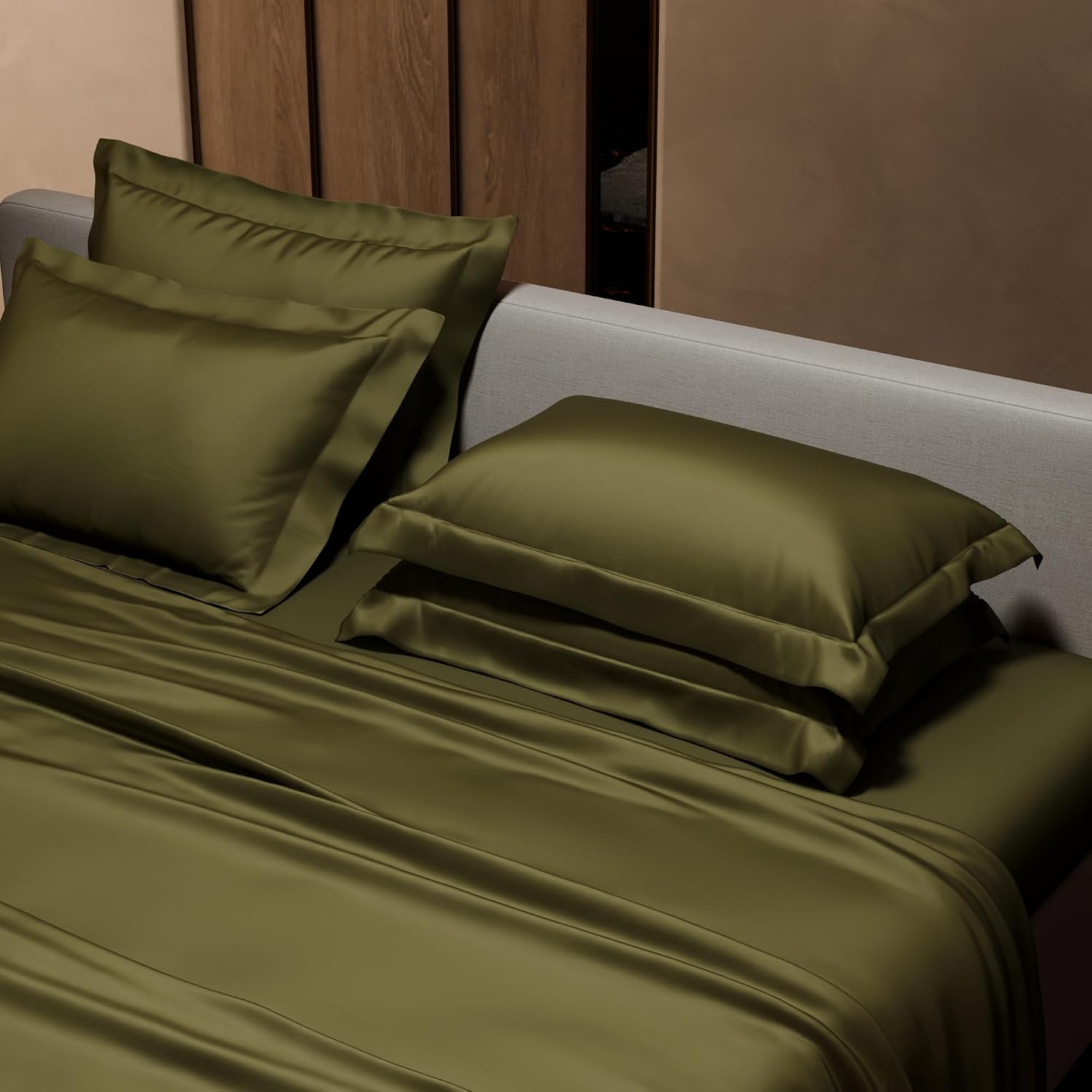 1 Flat Bedsheet King Size With 4 Pillow Cover - 108 X 108 Inches, Olive | Wedding, Bedroom, Date Night Collection | 300 Thread Count
