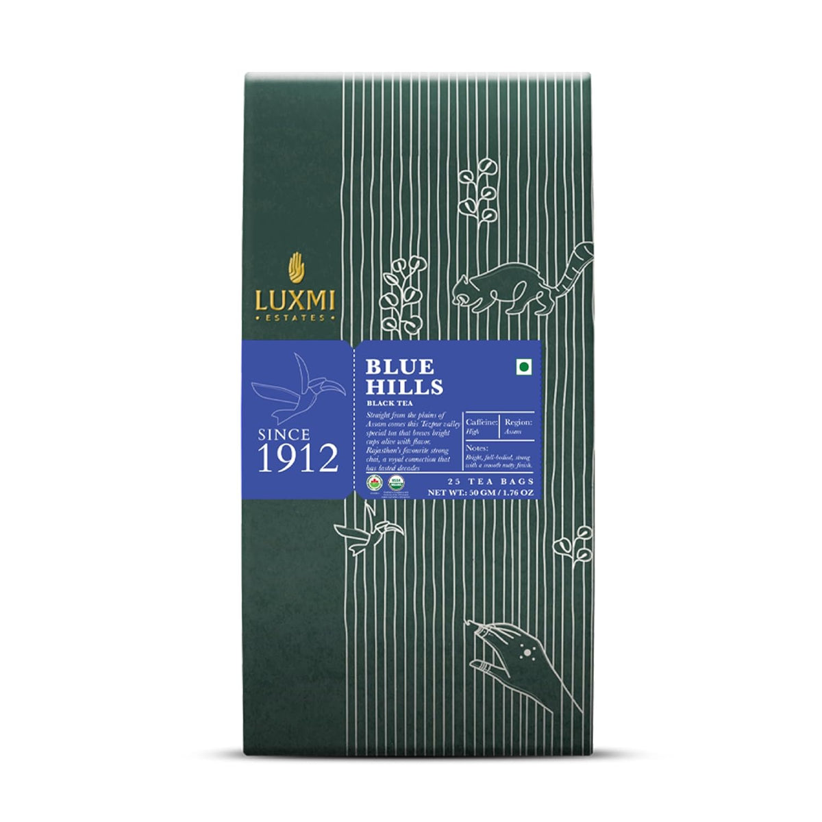 Luxmi Estates Blue Hills Black Tea - 50gm, 1.7 Ounce, 25 Tea Bags | USDA Certified Organic Herbal Tea - Strong Assam Flavor | Additives Free, High Caffeine Black Tea