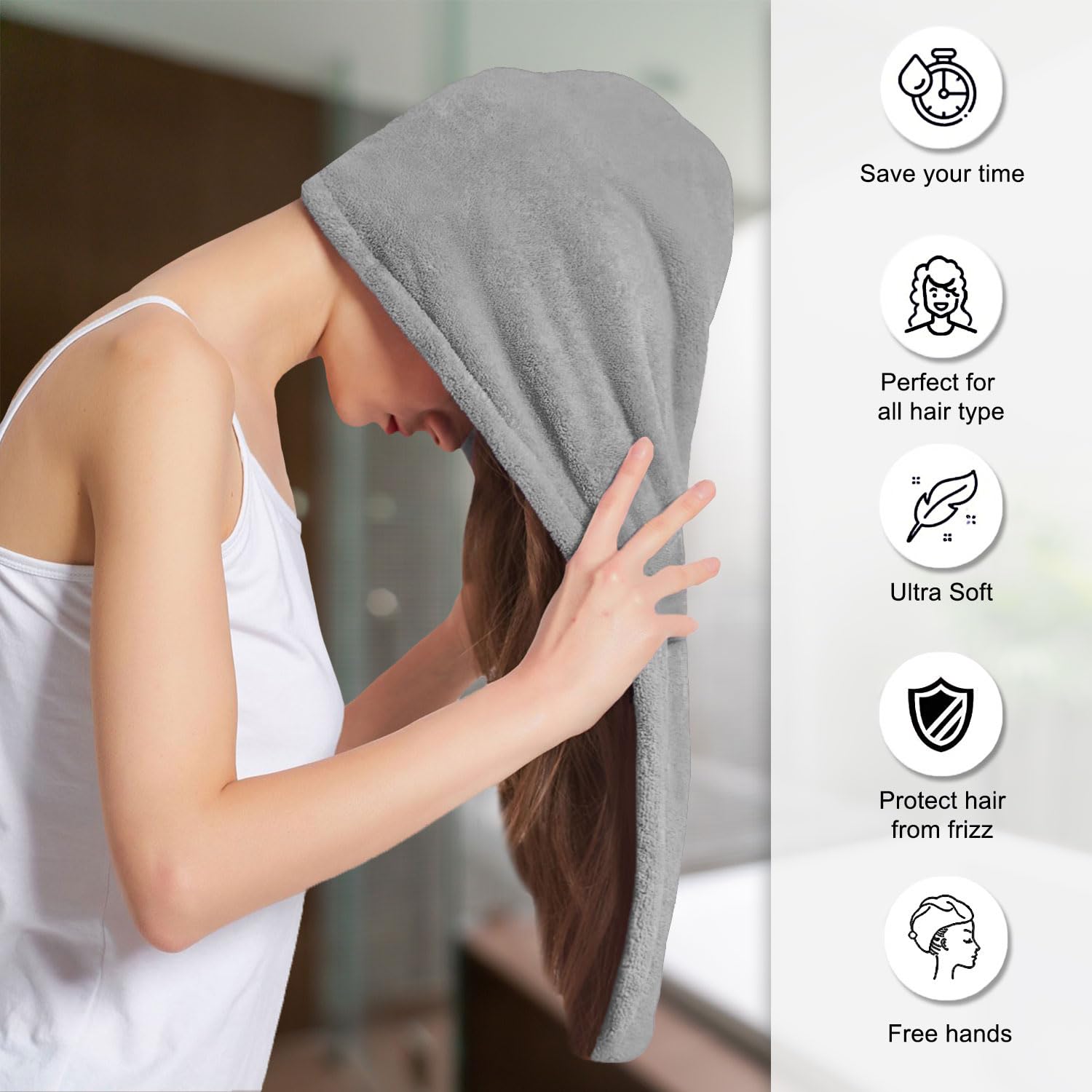 Sassoon Venir Microfiber Hair Wrap Towel 450 Gsm | For Women With Smooth Texture Super Absorbent Quick Dry Hair Turban (Grey)