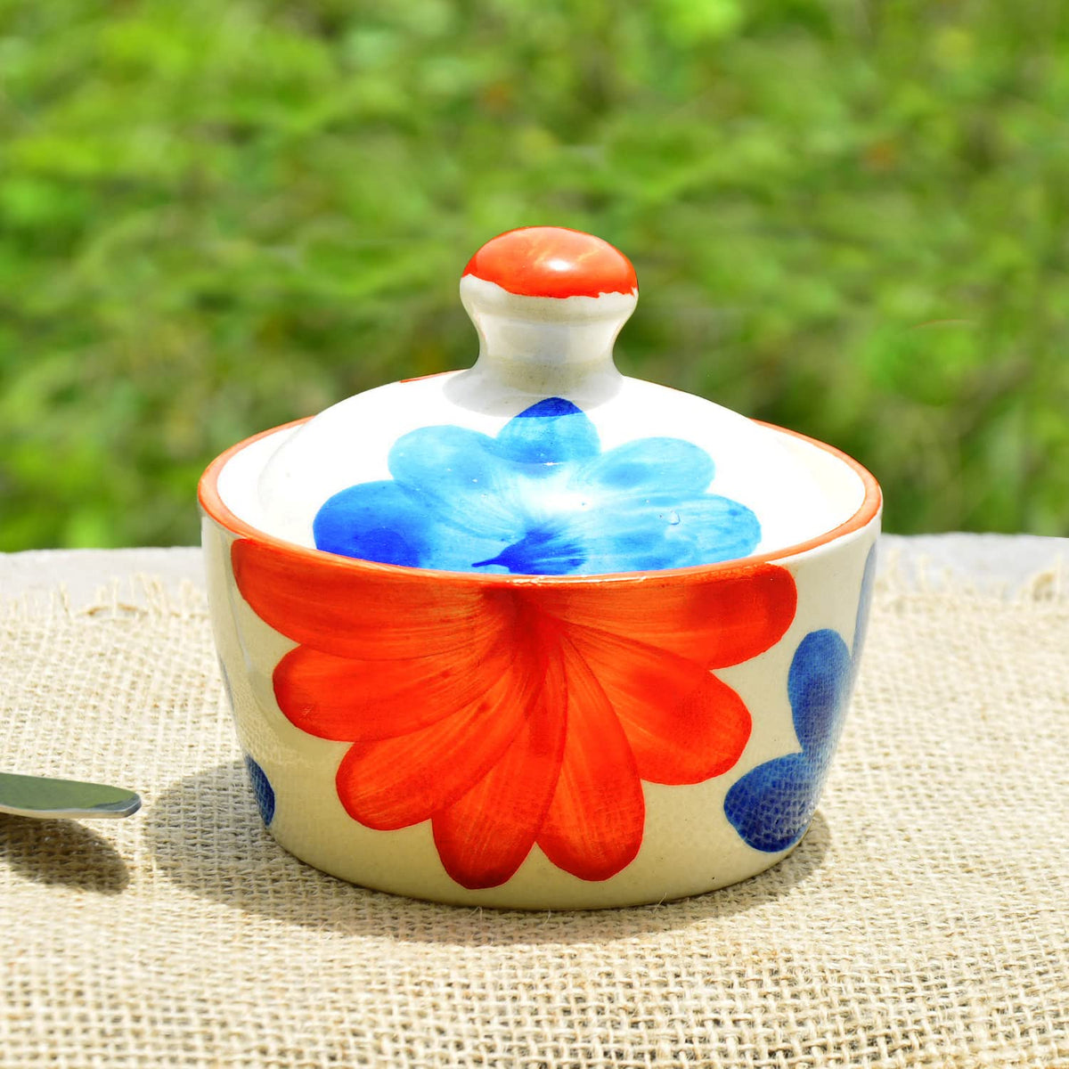 Hand Painted Ceramic Butter Pot With Lid - Red & Blue, 300ml | Chutney Jar - Pickle Pot, Jam Jar