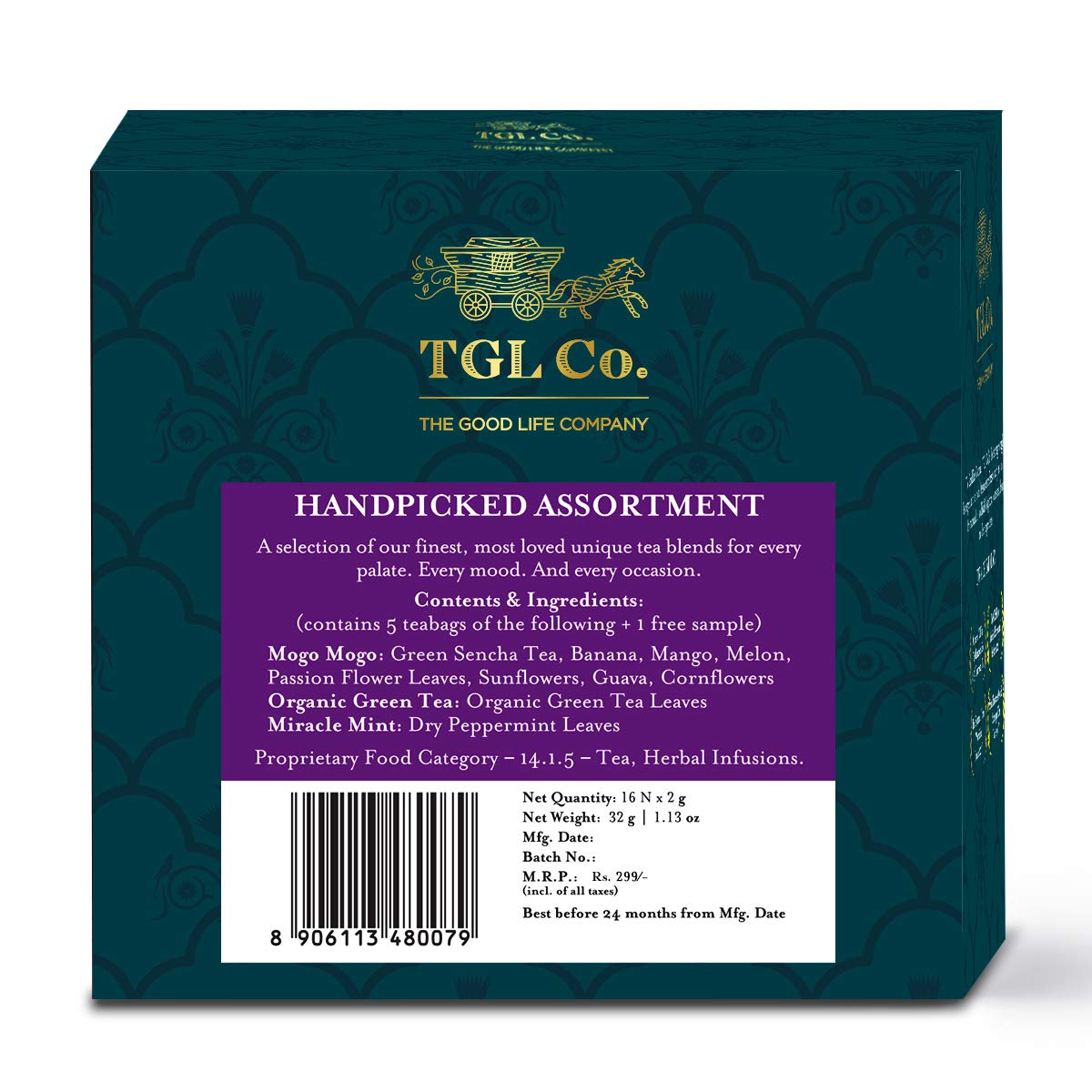 TGL Co. Handpicked Assortment Green Tea Sampler Box - Pack Of 2 X 16 Pyramid Tea Bags, 64gm, 2.2 Ounce | Medium Caffeine