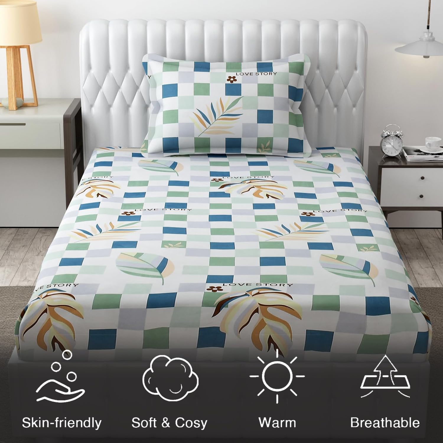 Microfiber Single Bedsheet Set With 1 Pillow Covers (60 X 90 Inches) Multicolor | Durable & Long-Lasting | 144 Thread Count | Wrinkle Free