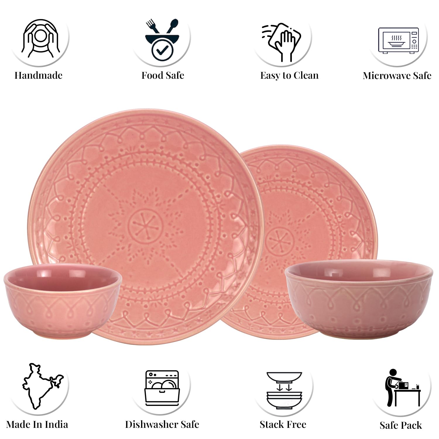 Handcrafted Stoneware Ceramic Dinner Set Of 14 Pcs With Serving Bowl Set - Light Pink | 4 Dinner Plates+ 4 Small Plates+ 4 Small Bowls, 180ml Each+ 2 Serving Bowls, 1000ml Each | Dishwasher Safe