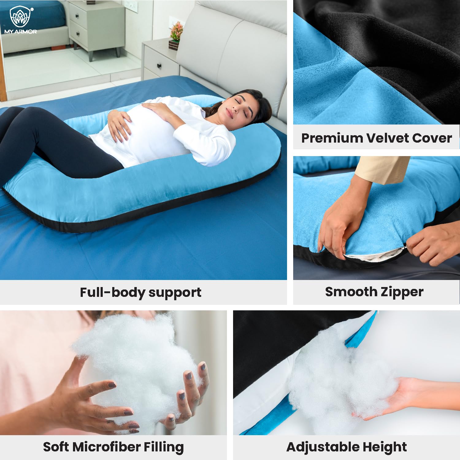Full Body G Shape Pregnancy Pillow For Women, Maternity Pillow, Black & Sky Blue | Pillow Gift For Pregnancy Sleeping, Premium Velvet Cover With Zip | Adjustable & Washable Pillow