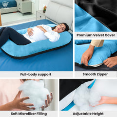 Full Body G Shape Pregnancy Pillow For Women, Maternity Pillow, Black & Sky Blue | Pillow Gift For Pregnancy Sleeping, Premium Velvet Cover With Zip | Adjustable & Washable Pillow