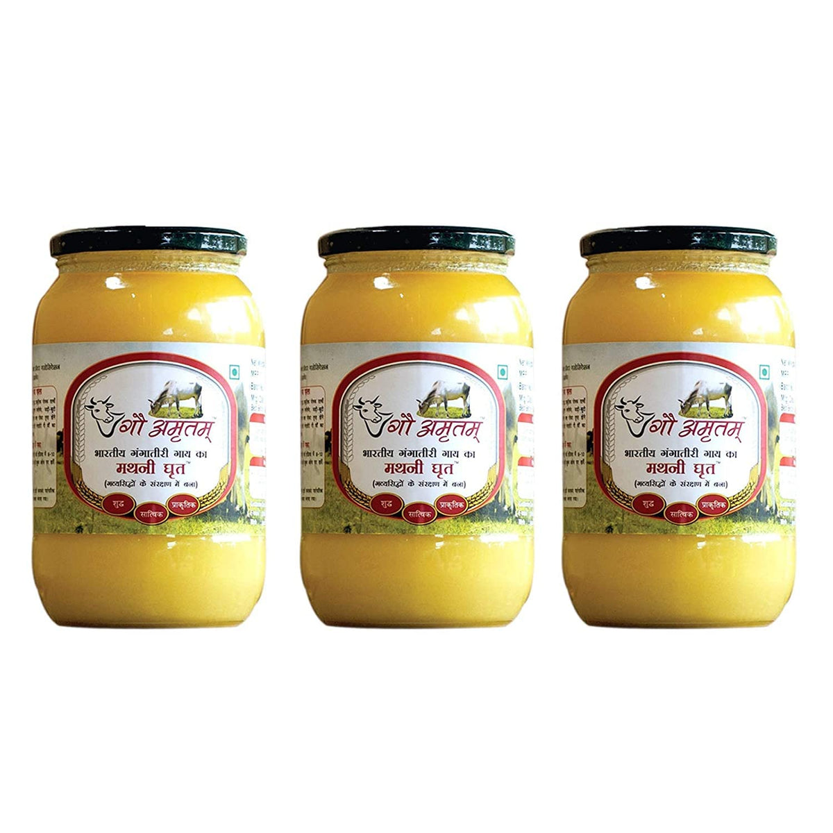 100% Natural Vedic Mathni Ghrit Desi Ghee By Gau Amritam | Pure Healthy Traditional Curd Churned Desi Cow Ghee For Laddus | 1.5 Litre (500ml * 3) 50.7 Ounce | Jar Pack