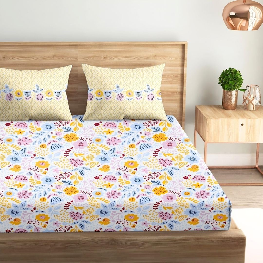 Super King Pure Cotton Bedsheet With 2 Pillow Covers | 108 × 108 Inches, Multicolor | Soft Breathable Floral Design Bedding | Comfortable Sleep All Year