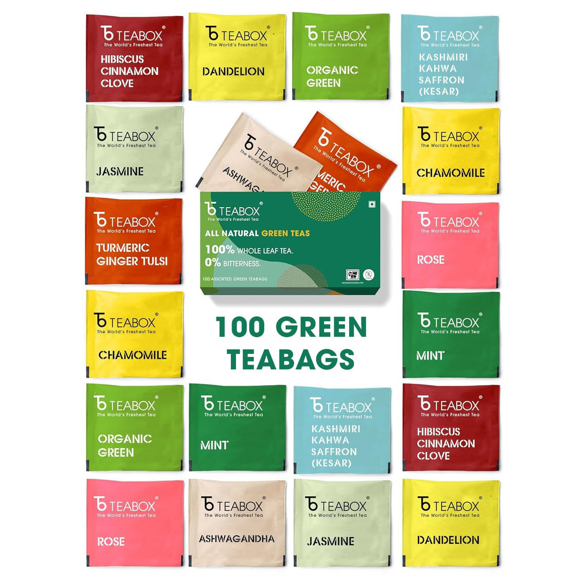 Teabox Darjeeling Green Tea Sampler Bags 100 Tea Bags - 10 Pcs X 10 Flavors | Premium & Aromatic Tea Sampler From The Himalayas - 100% Natural, 0% Bitterness, Low Caffeine