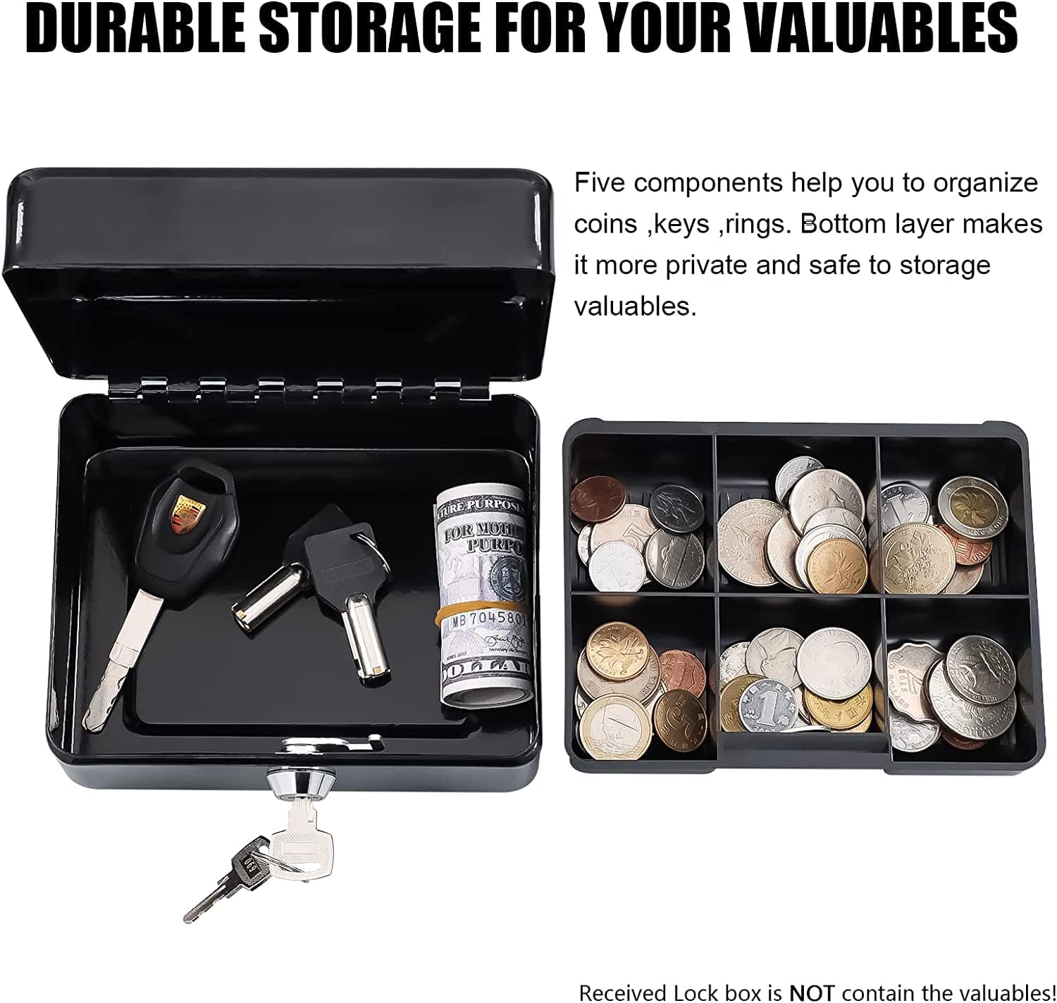 Steel Cash Box With Key Lock A Reliable Metal Money Organizer With Removable Tray & Lockable Cover 6 -Inch, Material - Metal, Colour - Black