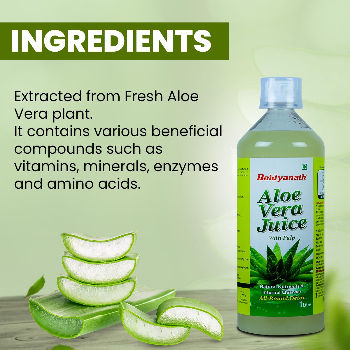 Baidyanath Aloe Vera Juice With Pulp, No Added Sugar Source Of Natural Nutrients, Boosts Immunity & Digestion | 1000ml 2.2lbs