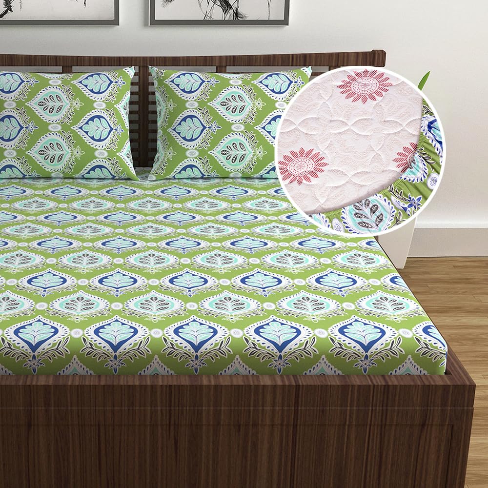 Double Bedsheet For Queen Size With 2 Pillow Covers - 60 X 78 Inches, Light Green | All Around Elastic Fitted Soft, Lightweight & Breathable Cotton Bedsheet